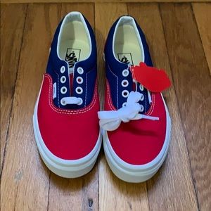 Blue red and white lace up van sneakers